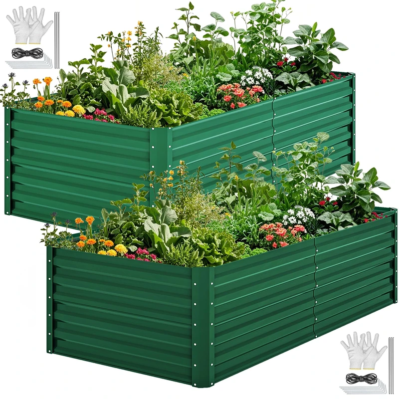 DWVO Set of 2 Metal Raised Bed 240 x 120 x 58 cm, Reinforced Zinc-Aluminium Mg Stainless Steel Garden Bed, Vegetable Bed and Flower Bed with Support Rod and Garden Gloves, Raised Beds
