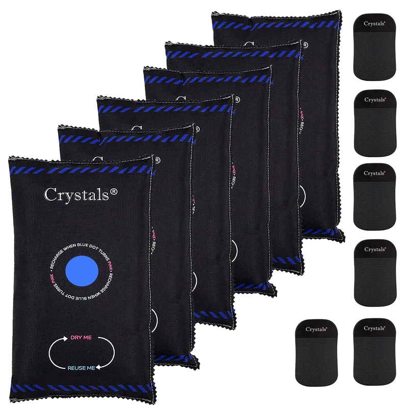 Crystals 6 x 1KG Reusable Car Dehumidifier Bags/Powerful Moisture Absorber for Car, Van, Caravan, Boat & Home/Prevents Damp, Mould & Condensation, Keeps Windows Clear, Includes Anti-Slip Pads – Black