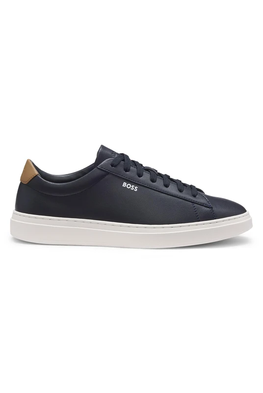 BOSS Mens Kieran Tenn Leather Trainers with Rubber Sole Size 5 Dark Blue