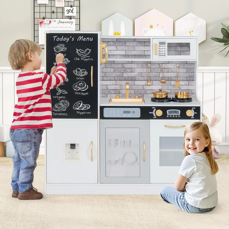 GYMAX Wooden Toy Kitchen, Kids Cooking Role Playset with Stoves, Microwave, Oven, Water Dispenser and Cooking Accessories, Children Play Kitchen for 3+ Years Old