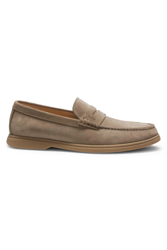 BOSS Mens Sienne Loaf Suede Loafers with Logo Penny Trim Size 11 Beige