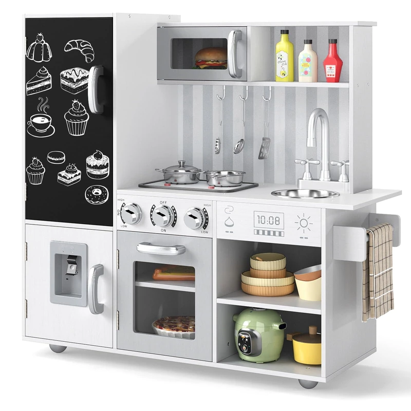 GYMAX Kids Play Kitchen, Wooden Toy Kitchen with Stoves, Sink, Lights, Sounds, Water Dispenser, Oven, Blackboard and Cooking Accessories, Children Cooking Role Playset for 3+ Years Old (White+Silver)