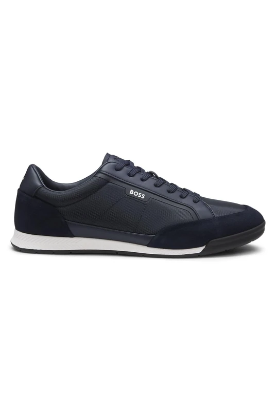 BOSS Mens Nitan Lowp Suede-Trim Trainers with Ribbed Sole Size 8 Dark Blue