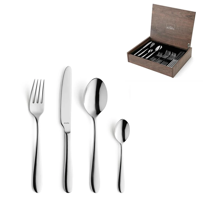 Amefa Oxford 24-Piece Cutlery Set – 18/10 Stainless Steel Flatware Set – Premium Mirror Polish – Includes Wooden Storage Cabinet – Elegant Knife Fork Spoon Set for 6 People