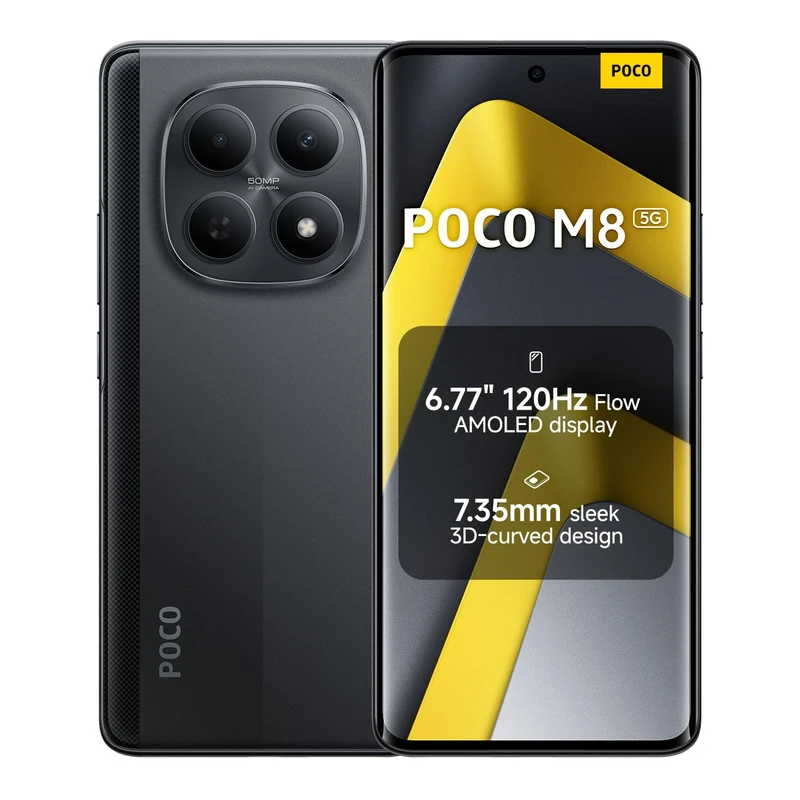 XIAOMI POCO M8, Smartphone 8+256GB, 6.77" 120Hz FIoW AMOLED Display, Snapdragon® 6 Gen 3, 50MP AI Dual Camera System, 7.35mm Sleek 3D-Curved Design, Black, Charger Not Included
