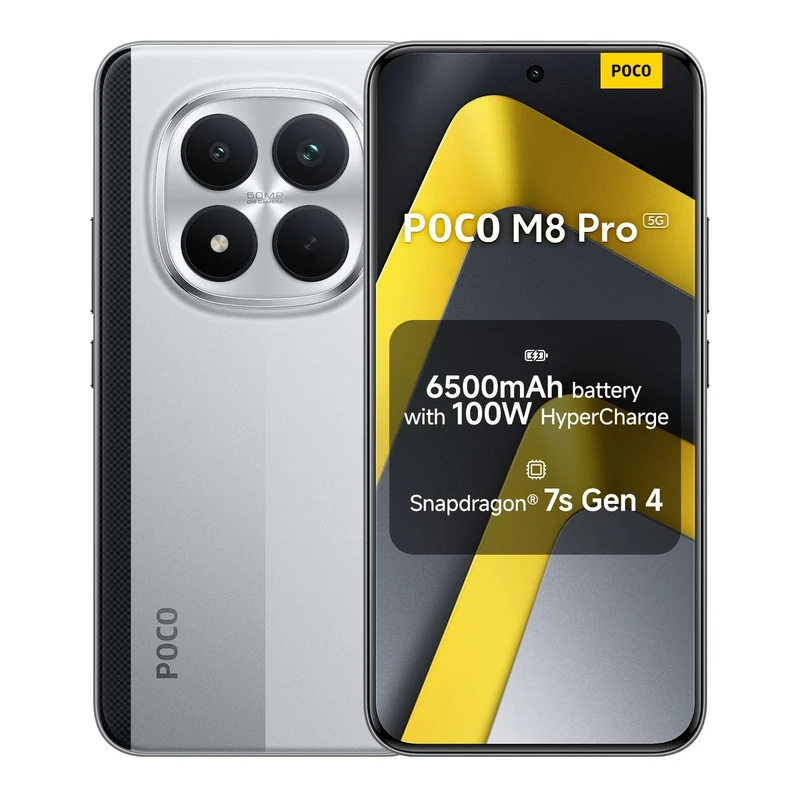 XIAOMI POCO M8 Pro, Smartphone 12+512GB, 6.83" CrystalRes 1.5K AMOLED Display, Snapdragon® 7s Gen 4, 50Mp Light Fusion 800 with OIS, IP68 Dust and Water Resistance, Silver, Charger Not Included