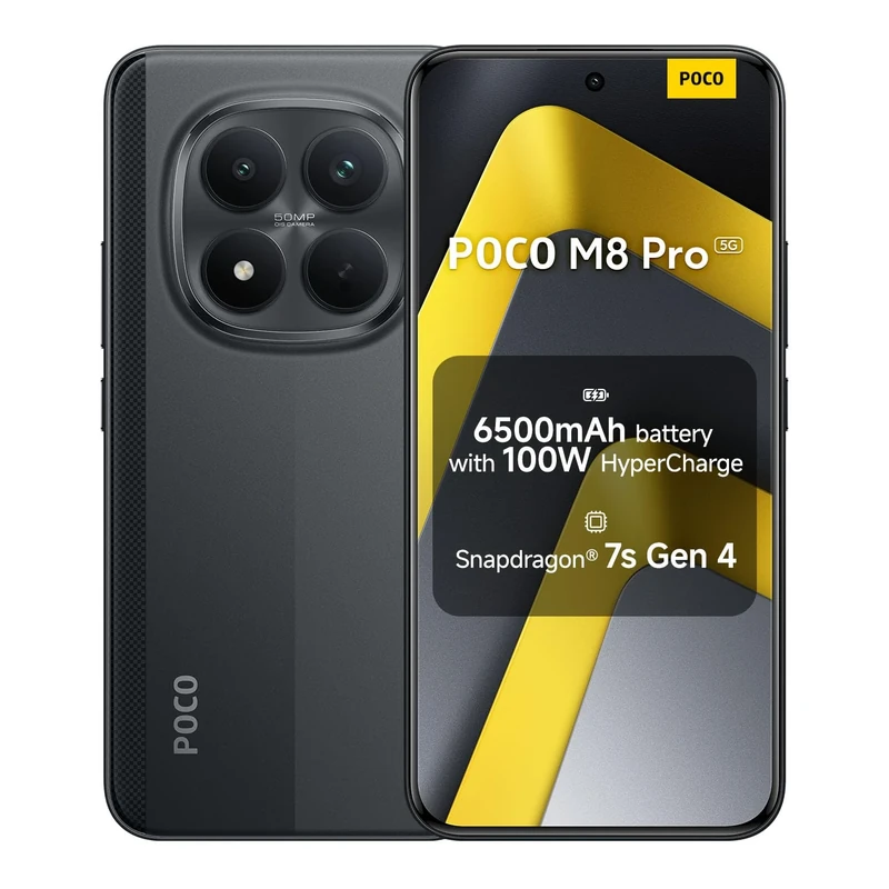 XIAOMI POCO M8 Pro, Smartphone 12+512GB, 6.83" CrystalRes 1.5K AMOLED Display, Snapdragon® 7s Gen 4, 50Mp Light Fusion 800 with OIS, IP68 Dust and Water Resistance, Black, Charger Not Included