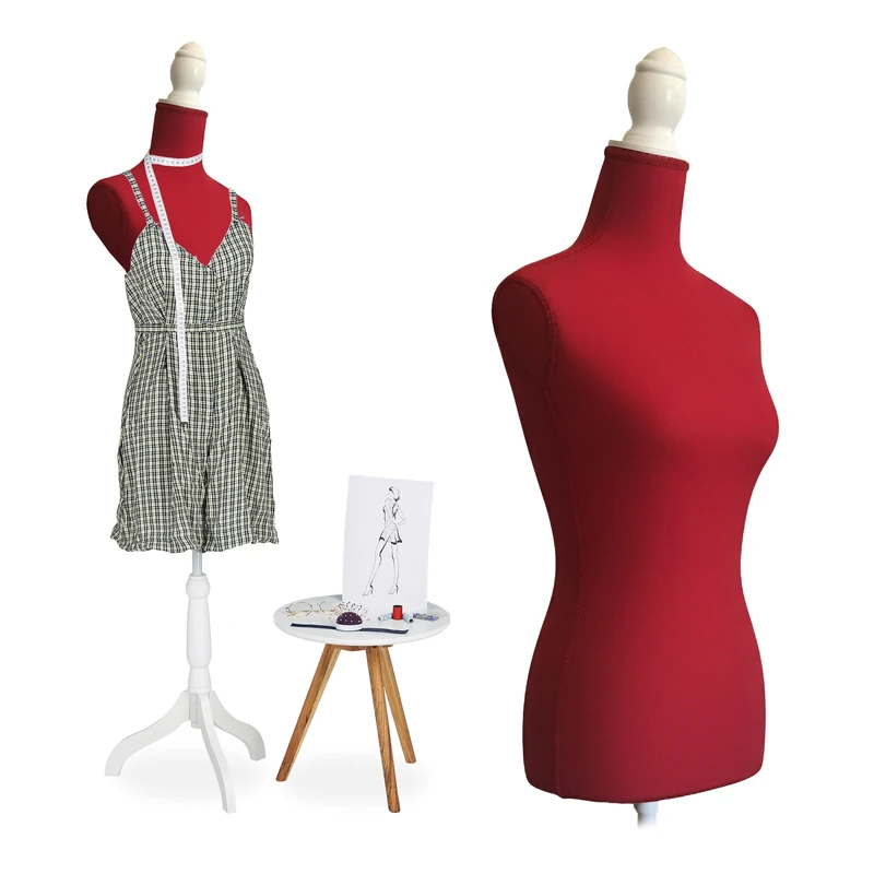 Relaxdays female dress form, size 36/38, height adjustable 165–175 cm, with wooden stand, mannequin, red