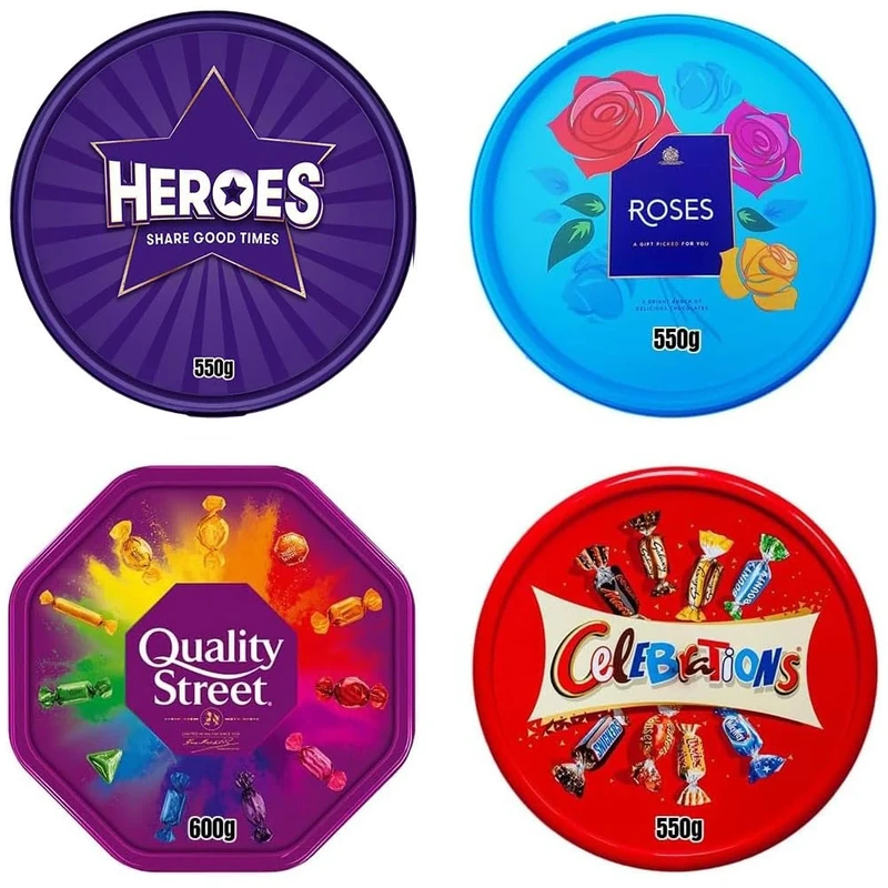 AXXTAN 4 x Chocolate Tubs Assorted Pack 1 Each of 550g Celebrations, Herroes, Roses & Quality Street 600g - Family Sharing Chocolates Gift Box for Christmas, Party & All Occasions