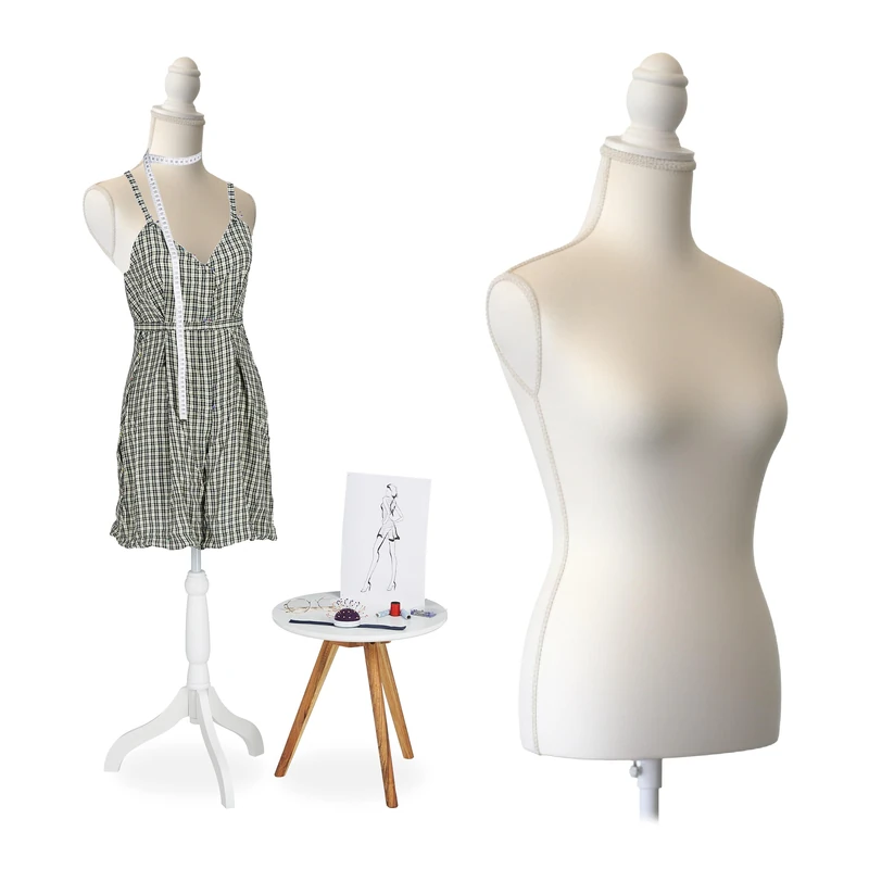 Relaxdays female dress form, size 36/38, height adjustable 160–175 cm, with wooden base, mannequin, white - Image 1