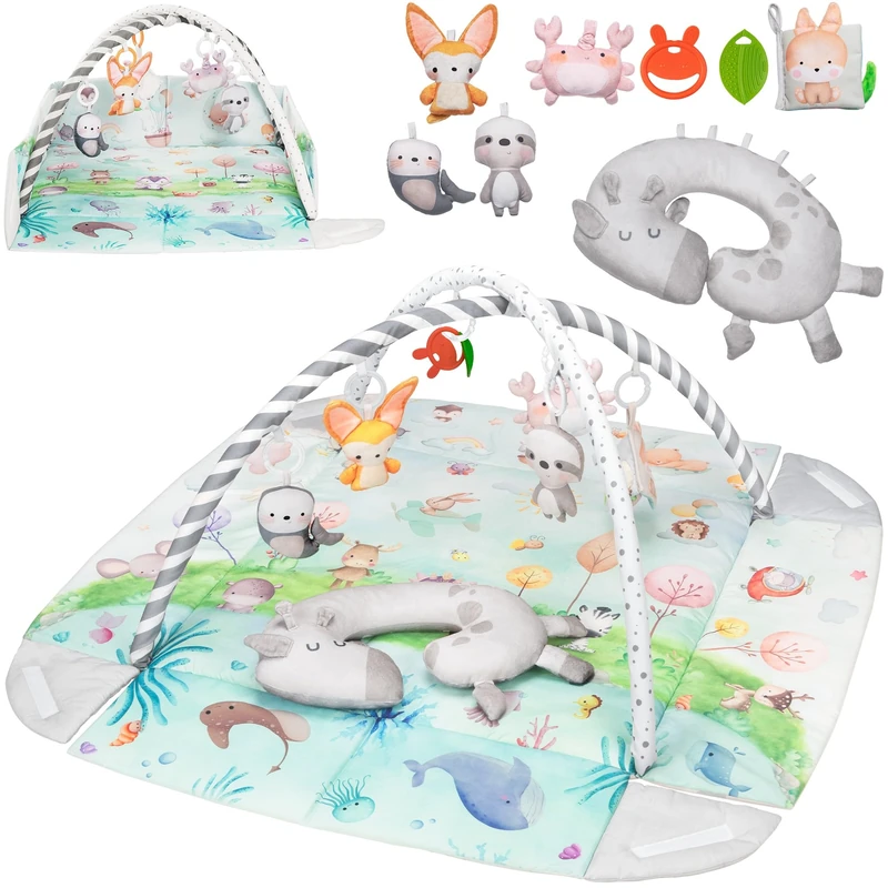 Lionelo Anika Natural Baby Play Mat, Bamboo, with 8 Detachable Toys, Play Arch, Tummy Time Pillow, from Birth