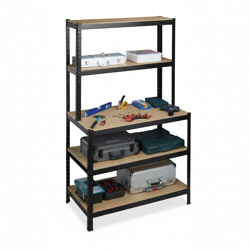 Relaxdays heavy-duty shelving unit with workbench, 500 kg, 5 shelves, HxWxD: 180 x 100 x 60 cm, MDF & steel, black