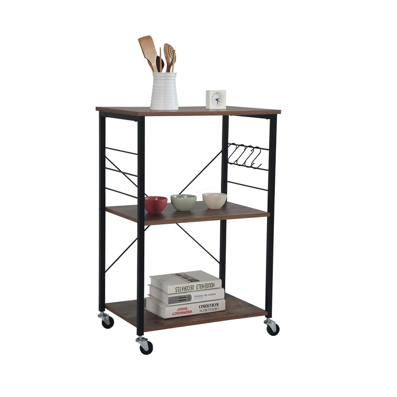 Relaxdays trolley, 3 shelves, 4 hooks, industrial, kitchen & living room, HWD: 89x60x40 cm, kitchen cart, black/brown