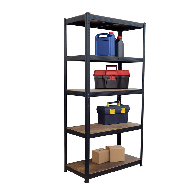 Relaxdays heavy-duty shelving unit, 875 kg, HxWxD 180 x 90 x 45 cm, 5 shelves, wood finish, steel & MDF, black/brown.