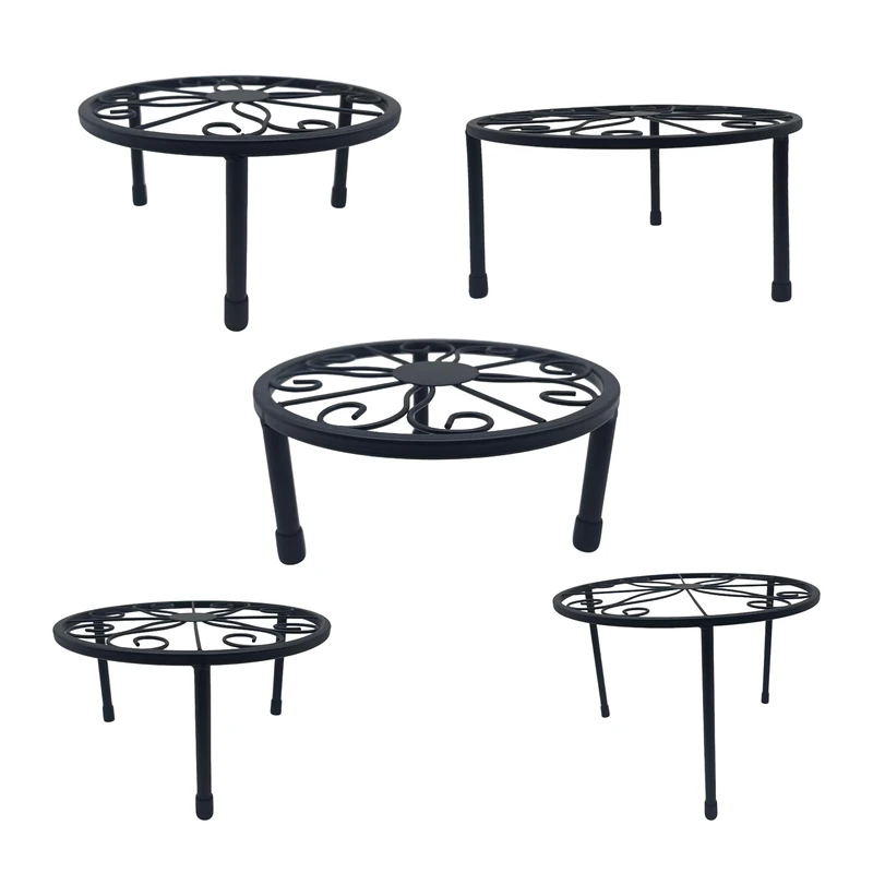 Relaxdays plant stand, 5-piece set, round, durable, H: 8–20, D: 17–30 cm, decorative pot holder, steel, black
