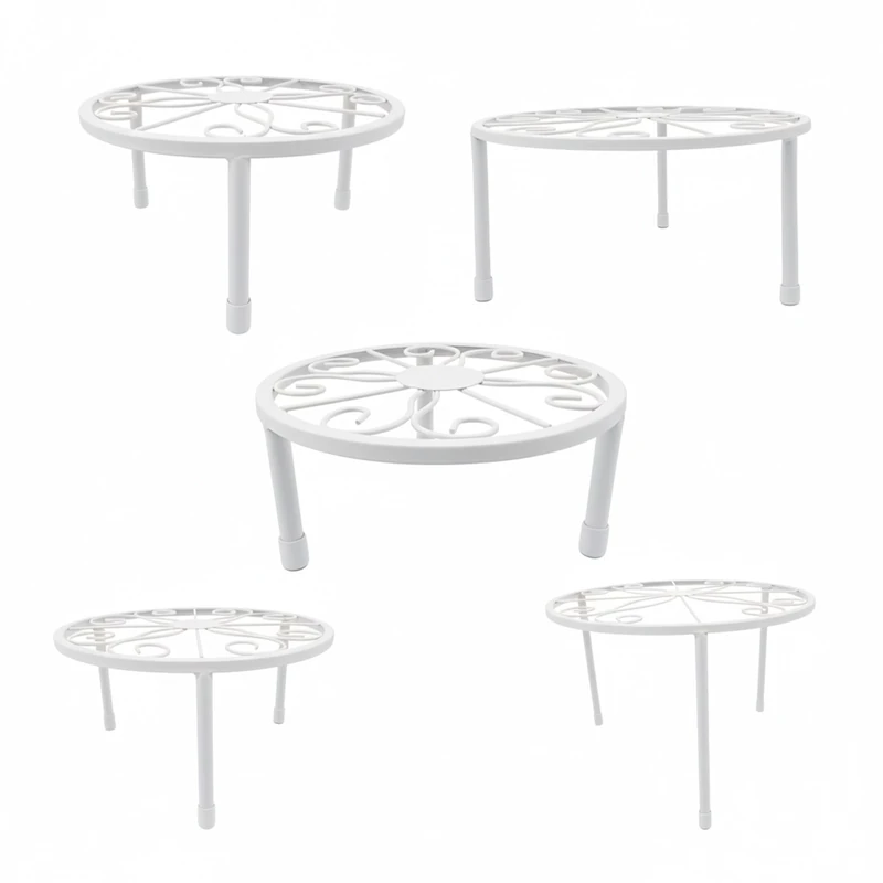 Relaxdays plant stand, 5-piece set, round, sturdy, H: 8–20, D: 17–30 cm, decorative, steel, white