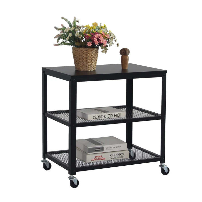 Relaxdays rolling cart, 3 shelves, kitchen & living room, H x W x D: 61 x 60 x 40 cm, wheeled storage, black