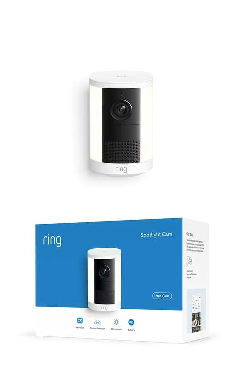 Ring Spotlight Cam, Battery (newest gen), Wide-Angle Retinal 2K Video, 6x Enhanced Zoom, Motion-Activated Spotlights, 30-day free trial of Ring Subscription Plan, White
