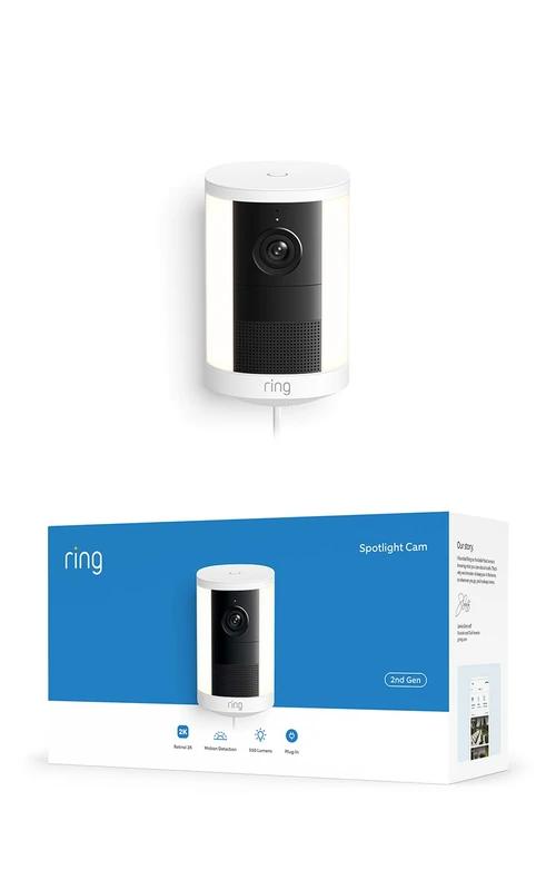 Ring Spotlight Cam 2K, Plug-In (newest gen), Wide-Angle Retinal 2K Video, 6x Enhanced Zoom, Motion-Activated Spotlights, 30-day free trial of Ring Subscription Plan, White
