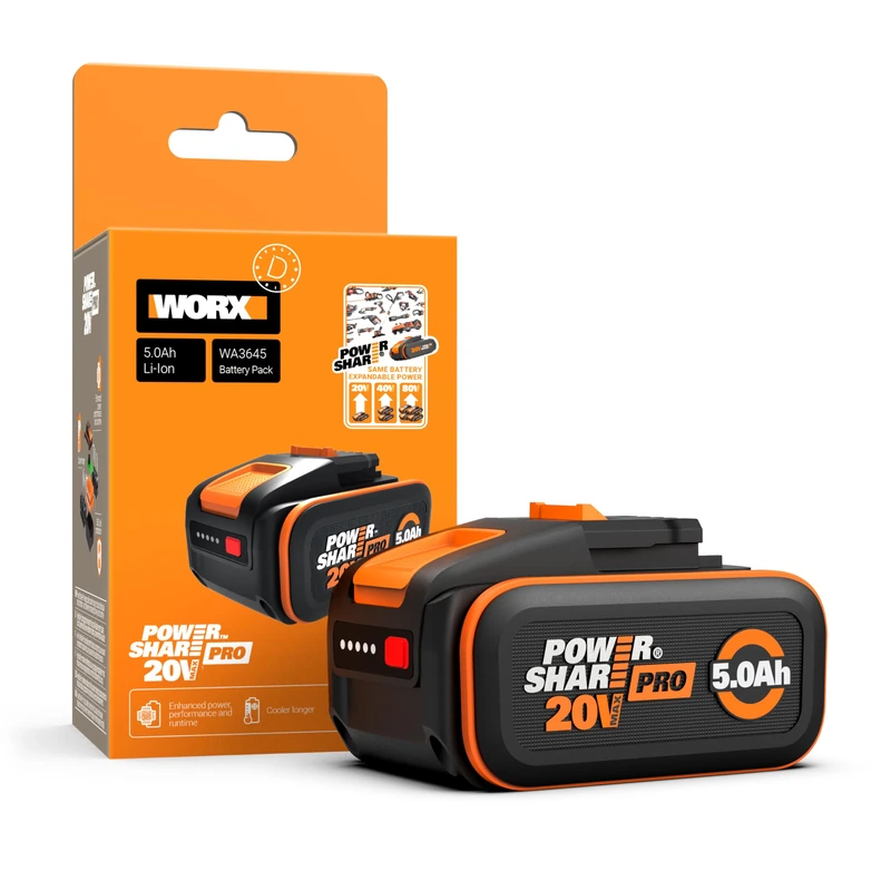 WORX WA3639.2 Original PowerShare Battery 20 V Set of 2 2000 mAh Li-Ion, Rechargeable, Compact Battery with Safety & Longer Runtime, with Charge Indicator Compatible with All WORX Devices