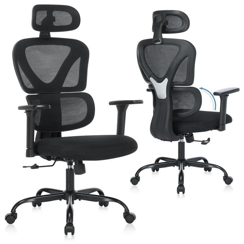 COLAMY Ergonomic Mesh Office Chair with Adjustable Lumbar Support, 2D Headrest & 3D Armrests, Synchro Reclining Backrest, High Back Computer Desk Chair for Home Office, 136kg Capacity
