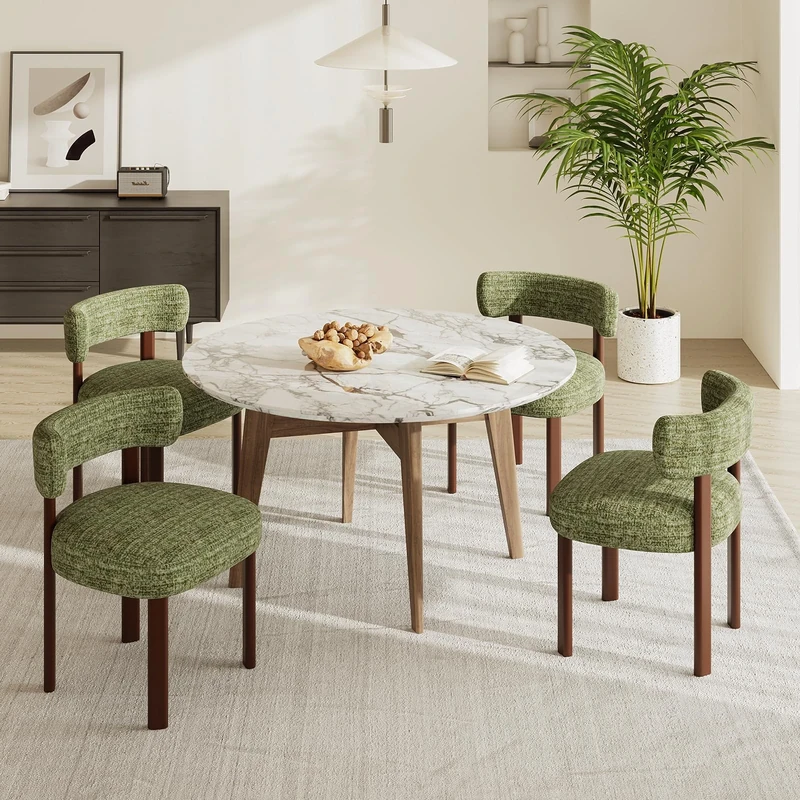 COLAMY Wooden Dining Chairs Set of 4, Fabric Chairs for Dining Room with Open Curved Backrest and Thick Seat Cushion, Upholstered Kitchen Chair with Anti-Slip Pads, Green