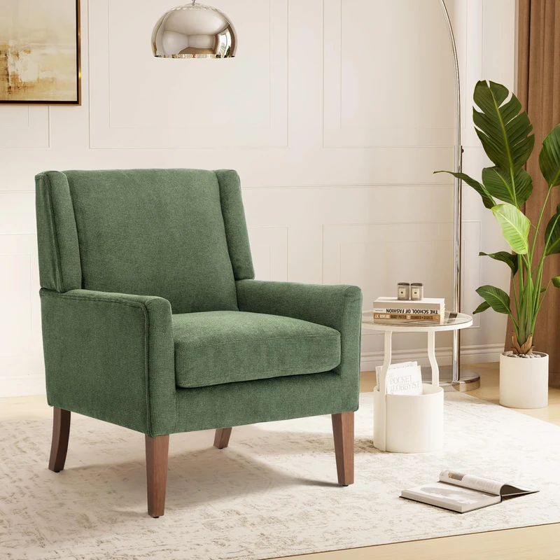 COLAMY Modern Wingback Living Room, Upholstered Fabric Accent Armchair, Single Sofa Chair with Lounge Seat and Wood Legs for Bedroom/Living Room/Reading Spaces (Green)