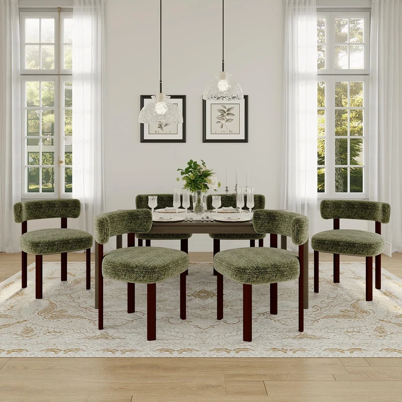 COLAMY Wooden Dining Chairs Set of 6, Fabric Chairs for Dining Room with Open Curved Backrest and Thick Seat Cushion, Upholstered Kitchen Chair with Anti-Slip Pads, Green