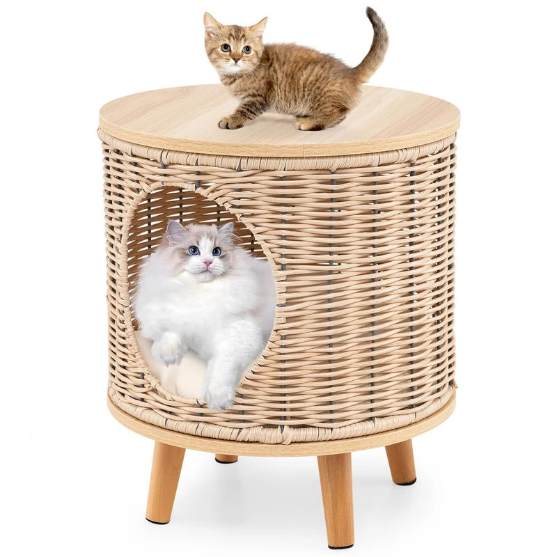 FANTASK Cat House Rattan Cat Furniture with Wooden Legs & Soft Cushion 3-in-1 Cat Cave Footstool Bedside Stable up to 30 kg for Living Room Bedroom