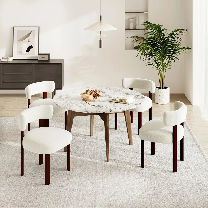 COLAMY Wooden Dining Chairs Set of 4, Fabric Chairs for Dining Room with Open Curved Backrest and Thick Seat Cushion, Upholstered Kitchen Chair with Anti-Slip Pads, Beige