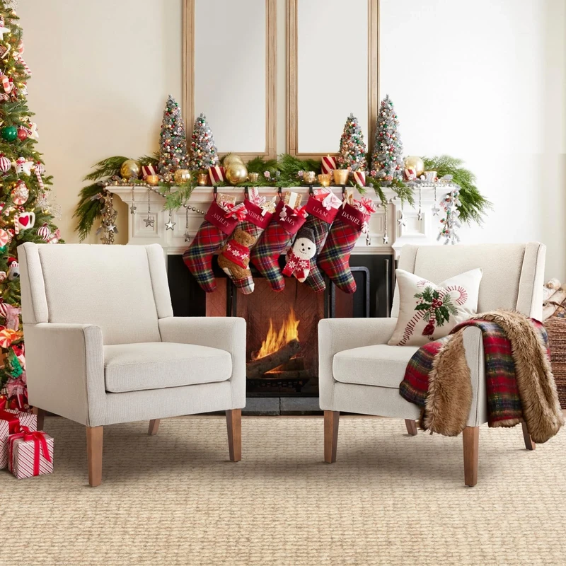 COLAMY Modern Wingback Living Room Armchairs Set of 2, Upholstered Fabric Accent Chair, Single Sofa Chair with Lounge Seat and Wood Legs for Bedroom/Office/Reading Spaces (Beige)