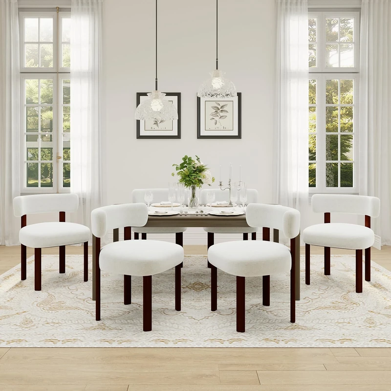 COLAMY Wooden Dining Chairs Set of 6, Fabric Chairs for Dining Room with Open Curved Backrest and Thick Seat Cushion, Upholstered Kitchen Chair with Anti-Slip Pads, Beige