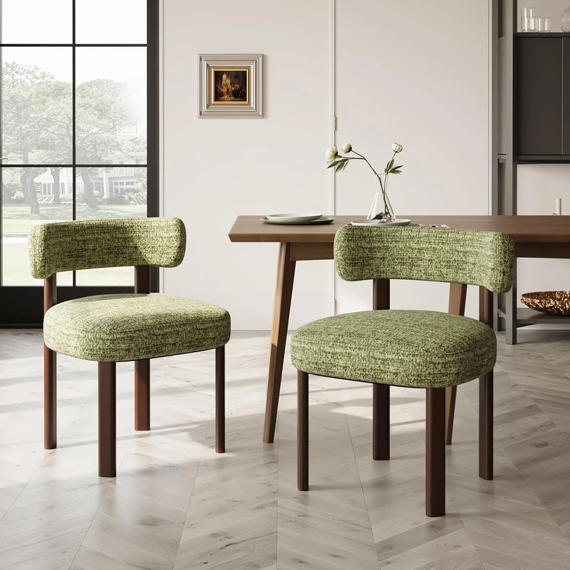 COLAMY Wooden Dining Chairs Set of 2, Fabric Chairs for Dining Room with Open Curved Backrest and Thick Seat Cushion, Upholstered Kitchen Chair with Anti-Slip Pads, Green