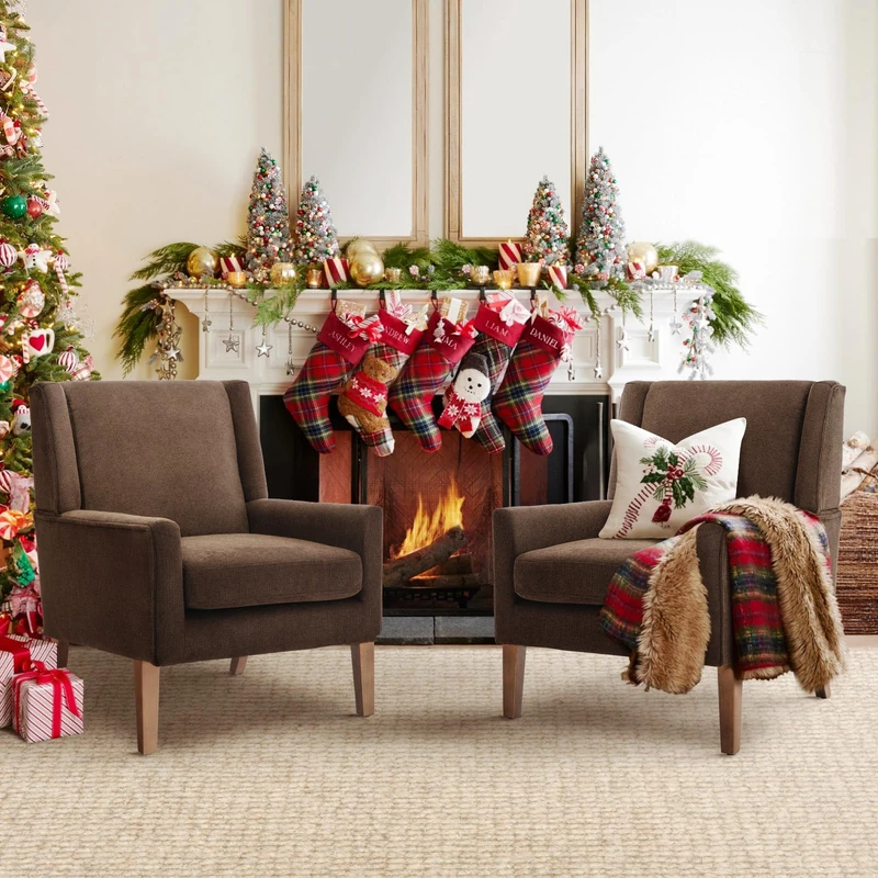 COLAMY Modern Wingback Living Room Armchairs Set of 2, Upholstered Fabric Accent Chair, Single Sofa Chair with Lounge Seat and Wood Legs for Bedroom/Office/Reading Spaces (Brown)