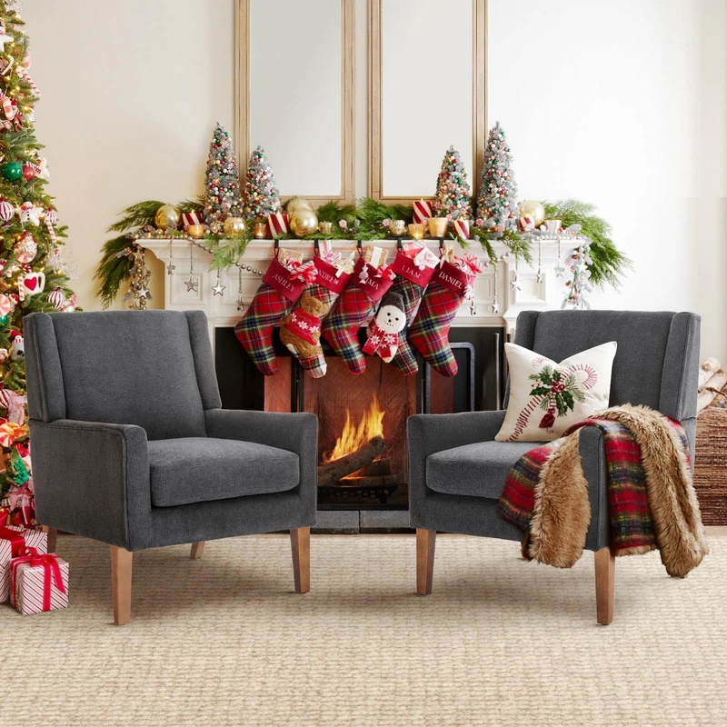 COLAMY Modern Wingback Living Room Armchairs Set of 2, Upholstered Fabric Accent Chair, Single Sofa Chair with Lounge Seat and Wood Legs for Bedroom/Office/Reading Spaces (Grey)