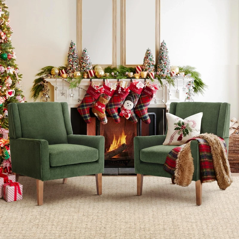 COLAMY Modern Wingback Living Room Armchairs Set of 2, Upholstered Fabric Accent Chair, Single Sofa Chair with Lounge Seat and Wood Legs for Bedroom/Office/Reading Spaces (Green)