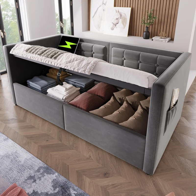 Ball & Cast Daybed 4ft6 90 x 190 cm, 3FT Single Sofa Bed with USB &Type-C Charging Station, Hydraulic Storage Bed for Living Room and Bedroom, Velvet, Grey (No Mattress)