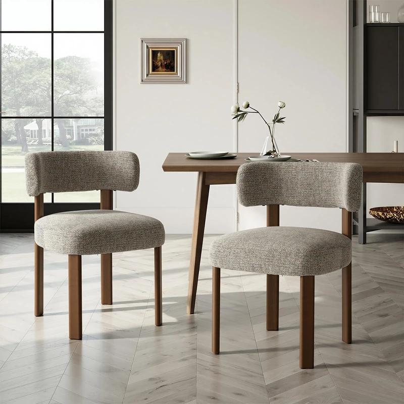 COLAMY Wooden Dining Chairs Set of 2, Fabric Chairs for Dining Room with Open Curved Backrest and Thick Seat Cushion, Upholstered Kitchen Chair with Anti-Slip Pads, Camel