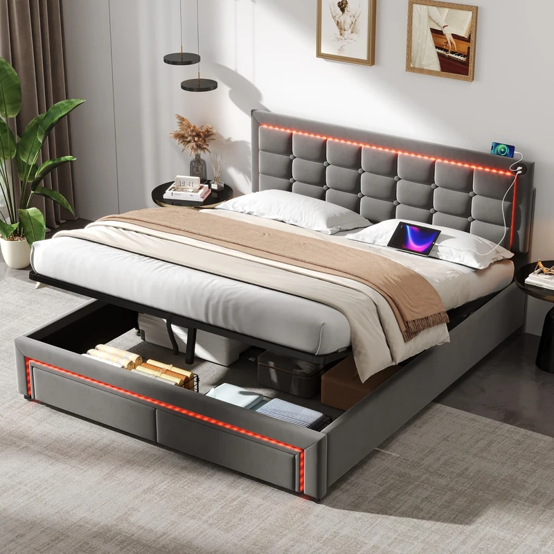 Ball & Cast 4ft6 Double Upholstered Bed Frame with Hydraulic and Drawers Storage, LED Headboard with Charging Station, Velvet Hydraulic Bed with RGB LED Lighting, Grey (No Mattress)