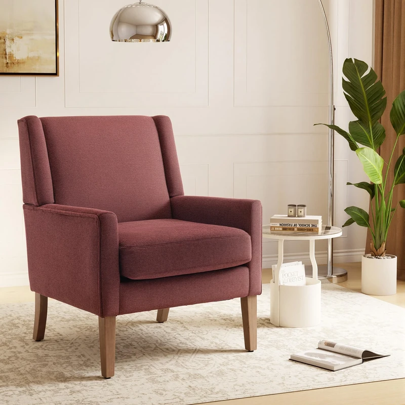 COLAMY Modern Wingback Living Room, Upholstered Fabric Accent Armchair, Single Sofa Chair with Lounge Seat and Wood Legs for Bedroom/Living Room/Reading Spaces (Red)