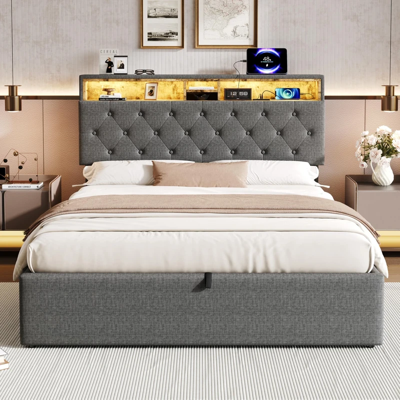 Ball & Cast 4ft6 Double Upholstered Bed with 4 Storage Drawers, LED Rivet Storage Bed with Charging Station, Button Tufted Headboard with USB and Type-C Ports, Linen, Grey (No Mattress)