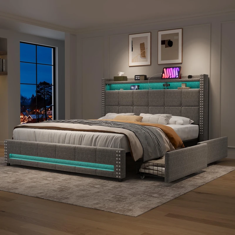 Ball & Cast 5ft King size Upholstered Hydraulic Bed with Concealed Headboard Storage,Headboard with RGB LED Lighting and Charging Station, USB and Type - C Ports, Linen, Grey (No Mattress)