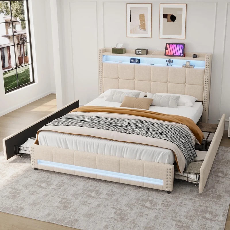 Ball & Cast 4ft6 Double Upholstered Bed with 4 Storage Drawers, LED Rivet Storage Bed with Charging Station, Button Tufted Headboard with USB and Type-C Ports, Linen, Beige (No Mattress)