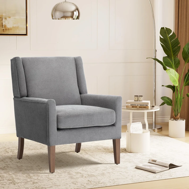 COLAMY Modern Wingback Living Room, Upholstered Fabric Accent Armchair, Single Sofa Chair with Lounge Seat and Wood Legs for Bedroom/Living Room/Reading Spaces (Grey)