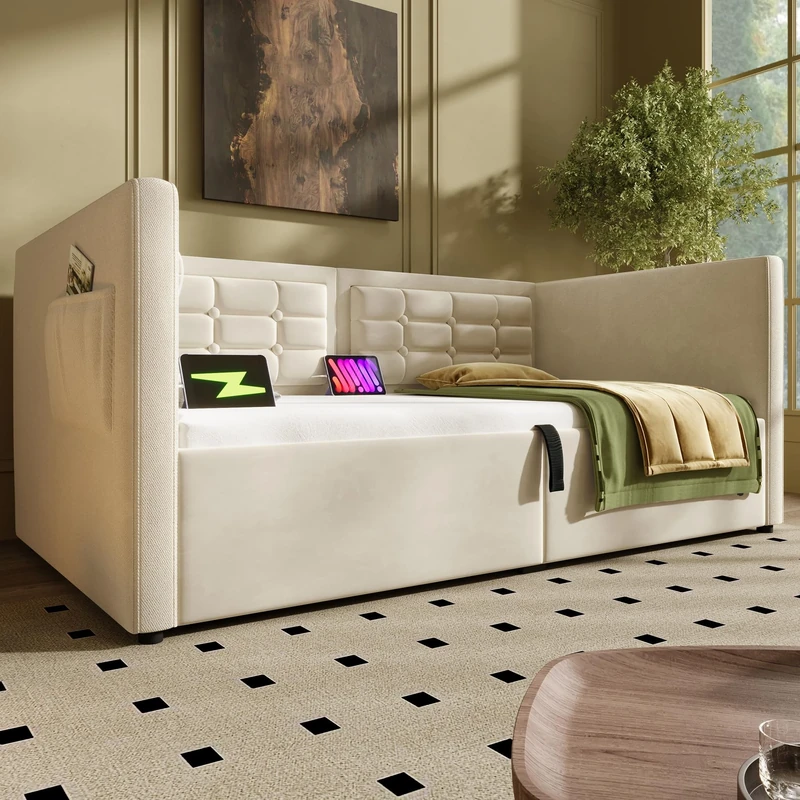 Ball & Cast Daybed 3ft Single Upholstered Day Bed,Side Lift Ottoman Bed with Hydraulic Storage,with USB &Type-C Charging Station,for Adults and Children,Velvet Fabric-No Mattress,Beige/90 * 190CM