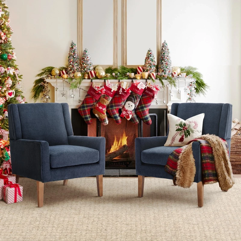 COLAMY Modern Wingback Living Room Armchairs Set of 2, Upholstered Fabric Accent Chair, Single Sofa Chair with Lounge Seat and Wood Legs for Bedroom/Office/Reading Spaces (Blue)