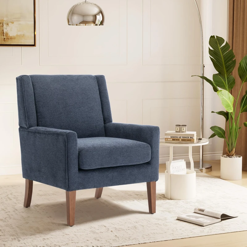 COLAMY Modern Wingback Living Room, Upholstered Fabric Accent Armchair, Single Sofa Chair with Lounge Seat and Wood Legs for Bedroom/Living Room/Reading Spaces (Blue)