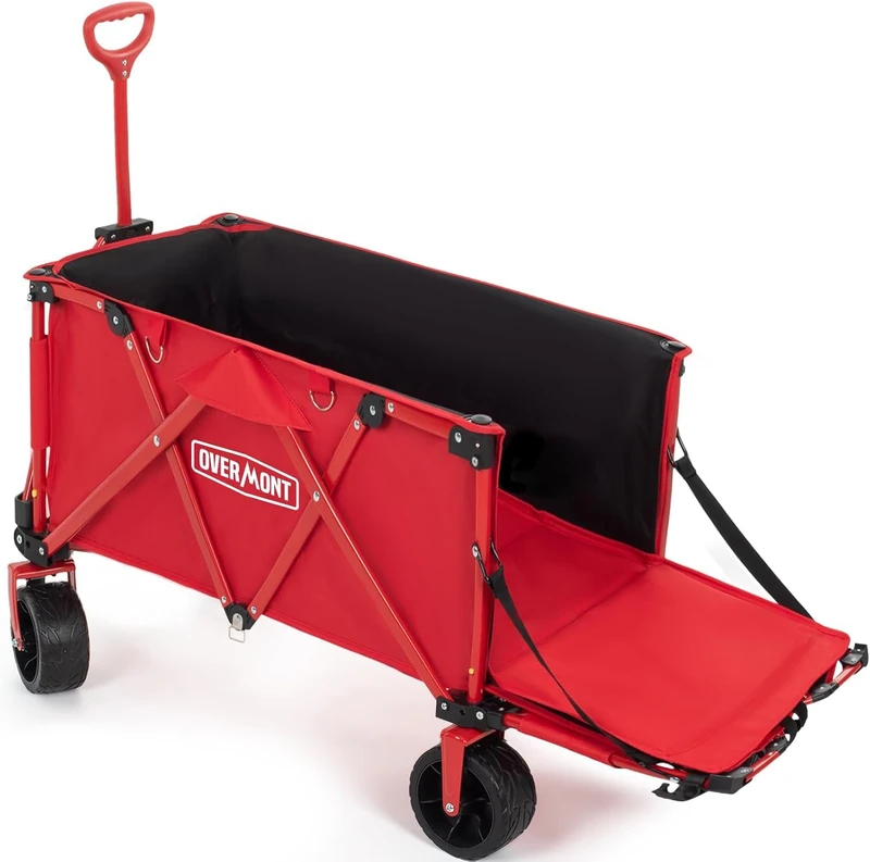 OVERMONT 200L Festival Trolley on Wheels with Brakes, Folding Camping Trolley Cart with Adjustable Handle & Cover Bag, 150kg Heavy Duty Cart Wagon for Shopping Outdoor Garden Picnic (Red)