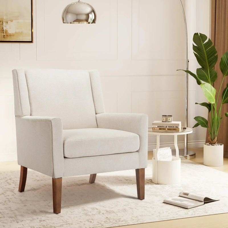 COLAMY Modern Wingback Living Room, Upholstered Fabric Accent Armchair, Single Sofa Chair with Lounge Seat and Wood Legs for Bedroom/Living Room/Reading Spaces (Beige)