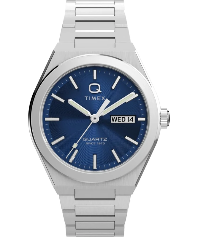Timex Men's Q Continental Day and Date 39 mm Quartz Watch - Stainless Steel Bracelet with Blue Dial TW2Y25100